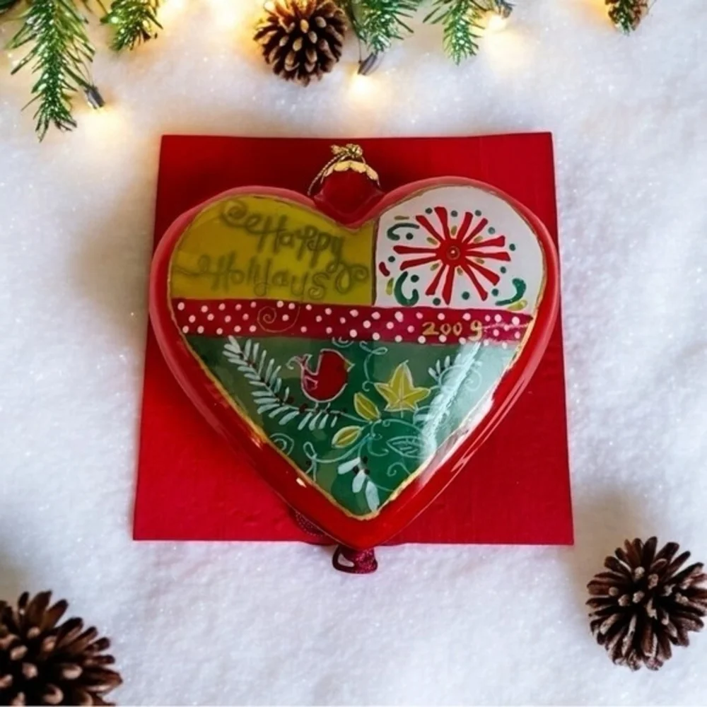 Vintage Pier 1 Li Bien Hand Painted Heart Glass Ornament 4.5